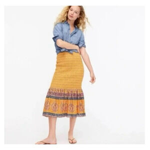 J. Crew Smocked Yellow Sunny Block Print Trumpet Midi Skirt Size 2 Cotton Boho